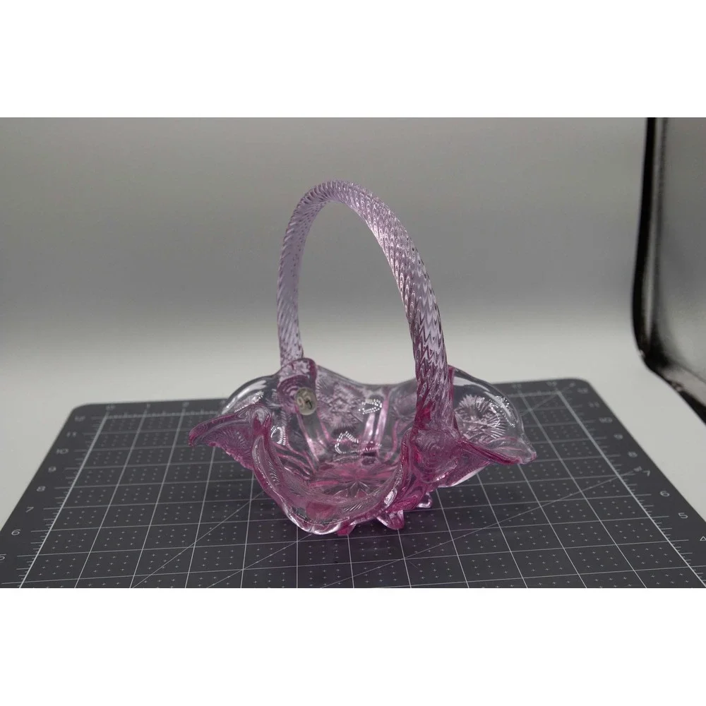 Vintage Fenton Pink Pressed Glass Basket Ruffled Edge Floral Starburst Design